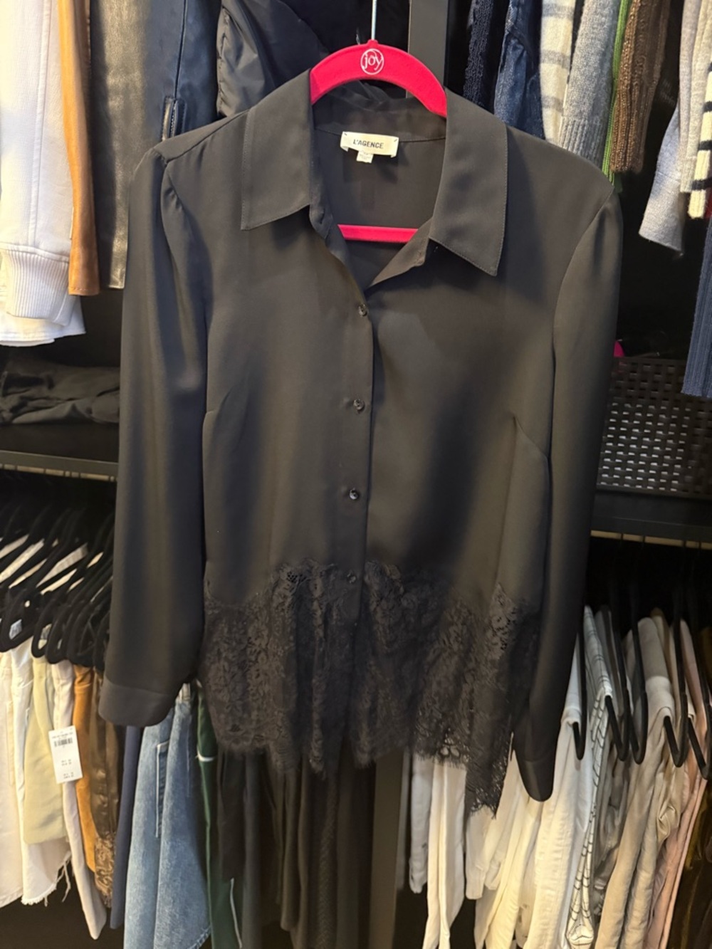 L'AGENCE Black Silk Button-Down Shirt with Lace Hem